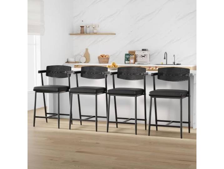 IDEALHOUSE Barhocker 4 Sets mit Armlehnen, 66 cm Sitzhöhe – Metallgestell, Holzlehne, extra breite gepolsterte Sitze, stabil & komfortabel, Vintage Schwarz – Leichter Aufbau