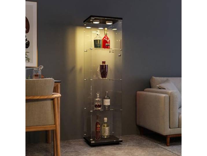 FANYUSHOW Glasvitrine, Schwarze Vertikale Vitrine, Moderne Glas-Holzvitrine, 4-stufige Glasvitrine für Sammlerstücke, Bücher, Wein, Büro, Wohnzimmer, Küche, 164 x 42,5 x 36,5 cm mit Licht