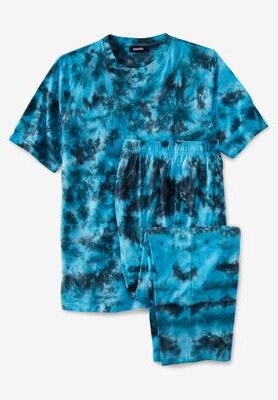 Men's Big & Tall Lightweight Cotton Novelty PJ Set by KingSize in Electric Turquoise Marble (Size 2XL) Pajamas