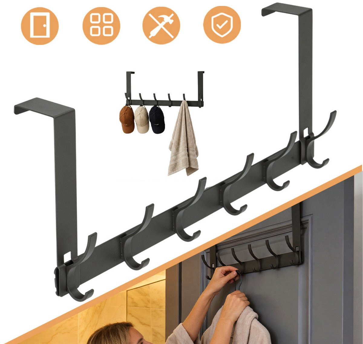 CHOOLY Kapstok voor over de deur met 6 haken en antislipvoering, zwart, breedte: 4,6 cm