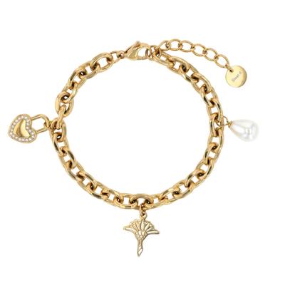 Armband JOOP "Herz Schloss Kornblume", gold (gelbgoldfarben, kristallweiß, weiß, kristallweiß), Armbänder, Damen, 21cm, Edelstahl Perlen, Edelstahl, Perlen, Armband, mit Zirkonia (synth.) - mit Perlmutt