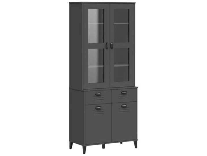 Foknhdi Highboard Kiefer Massivholz Schrank Anthrazit 80x40x190 cm Elegantes Buffet mit Glas-Türen und Schubladen für Wohnzimmer und Esszimmer, sorgt für geordnete Aufbewahrung von Geschirr.