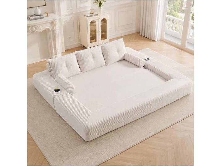VUENOR canapé convertible 3 places 232x98 cm beige – porte-gobelet sans matelas