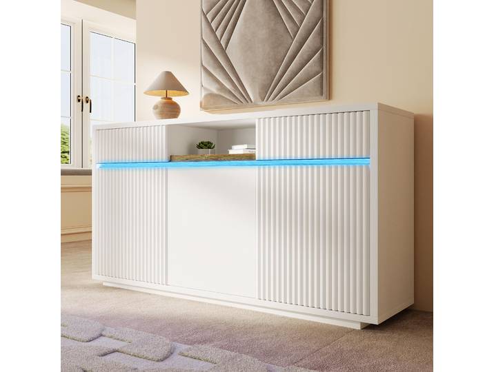 MODFU Sideboard Weiß Vitrine mit LED Kommode Beistellschrank mit 2 Schubladen und 3 Türen Aufbewahrungsschrank mit verstellbaren Einlegeböden, 140x40x85 cm