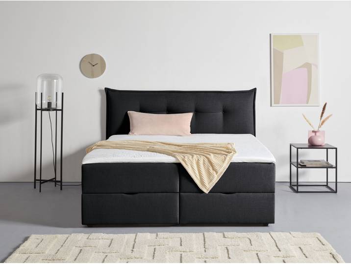 Boxbett, Grau, 195x213 cm, Struktur, Inklusive Bettkasten & Topper, Skandinavisch, andas