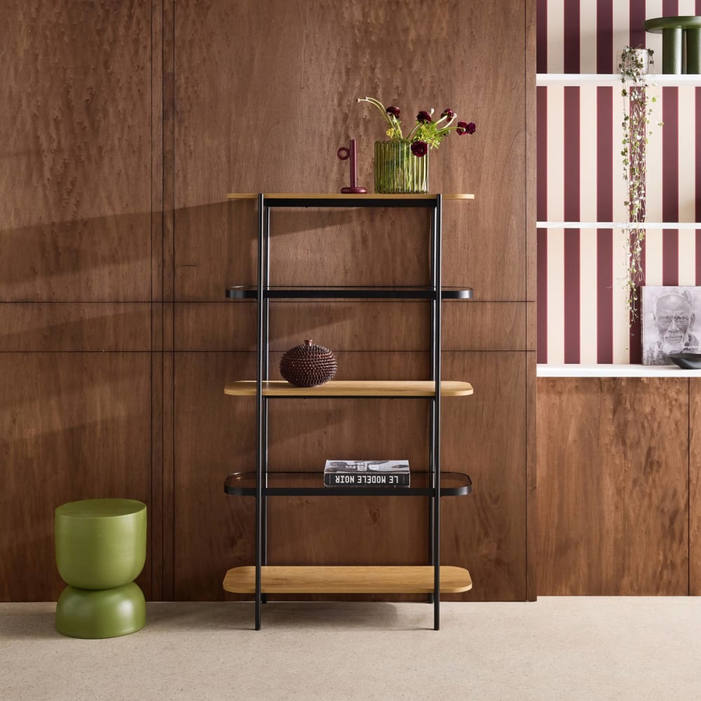 sweeek Bibliothèque verre, décor bois et métal 5 niveaux Marron 90x155x34cm