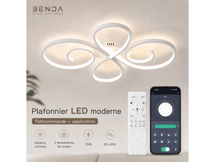 Plafonnier LED moderne de style nordique, 110V 220V, télécommande APP, 3 couleurs, intensité variable