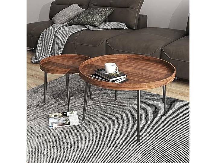 WGBING Zusammensetzbarer runder Couchtisch im 2er-Set, Beine aus Holz und Metall, Akzenttische aus der Mitte des Jahrhunderts