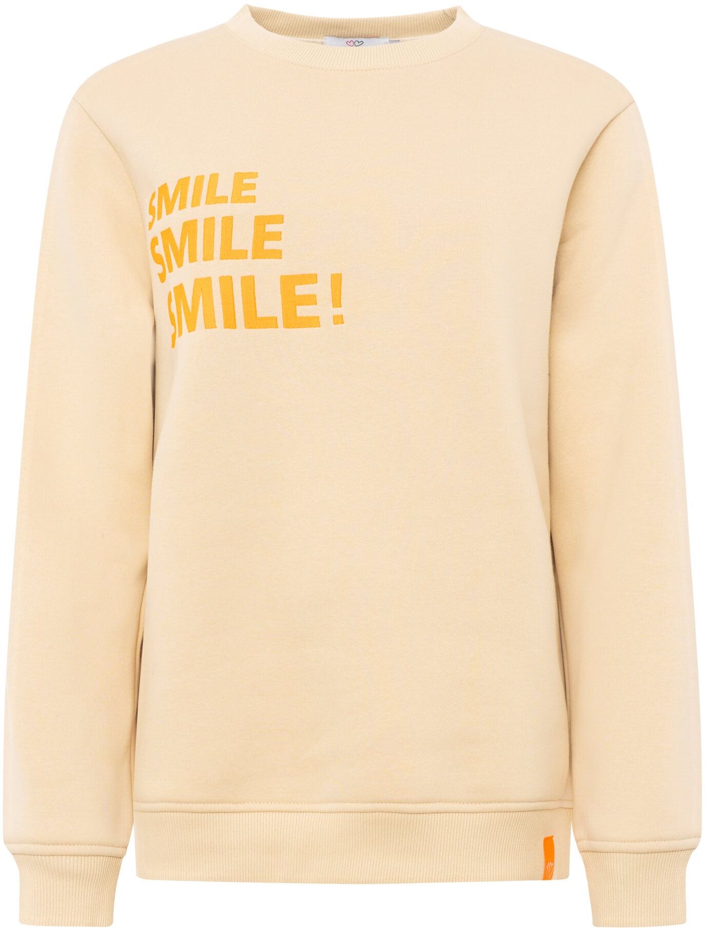 Hoodie ZWILLINGSHERZ "Smile Smile Smile", Damen, Gr. S/M, beige, Sweatware, Obermaterial: 50% Baumwolle, 50% Polyester, Sweatshirts Hoodie, Rundhals, Stickerei in Neon, fröhliche Botschaft beige S/M