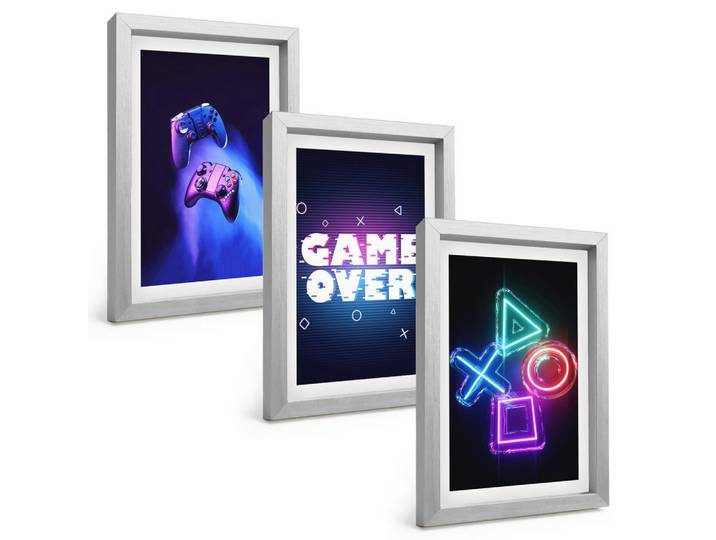 Tulup Bilder SET 3er Set - 20x30 cm Silberner Rahmen - Game Over Gamepads, Silberfarben, Kunststoff, Rechteckig, 20x30 cm, Fotografie, Bilder & Rahmen, Bilder