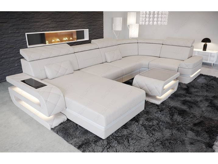 Sofa Dreams Wohnlandschaft Bologna U Form Leder, 6-Sitzer, Couch, opt. Schlaffunktion, Kopfstützen, Farbwechsel-LED