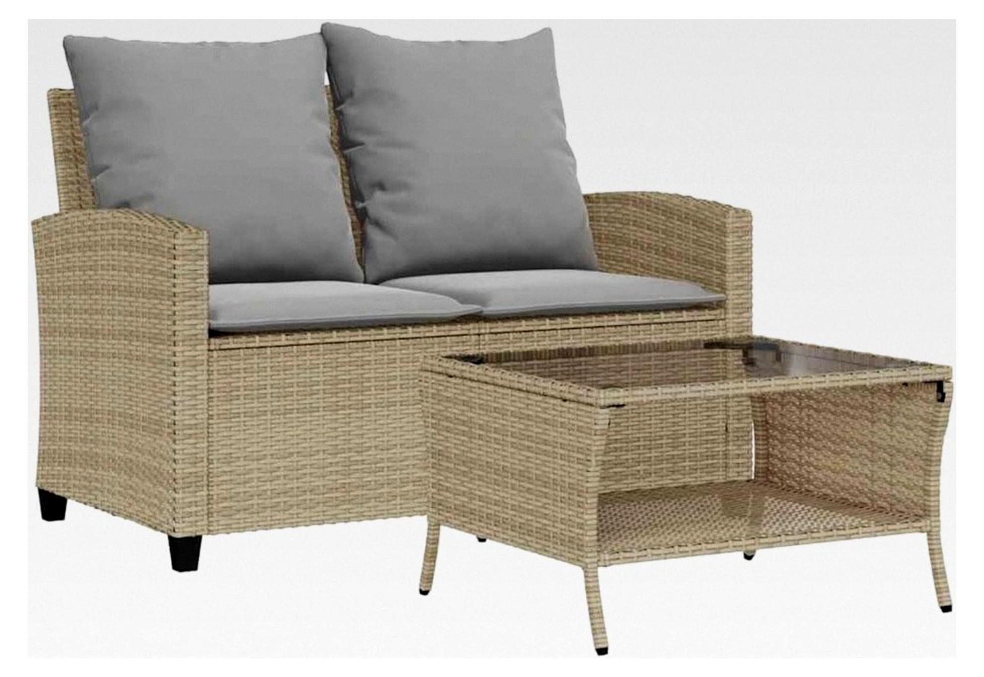 Gartensofa 2-Sitzer mit Kissen und Tisch in Beige aus Poly Rattan