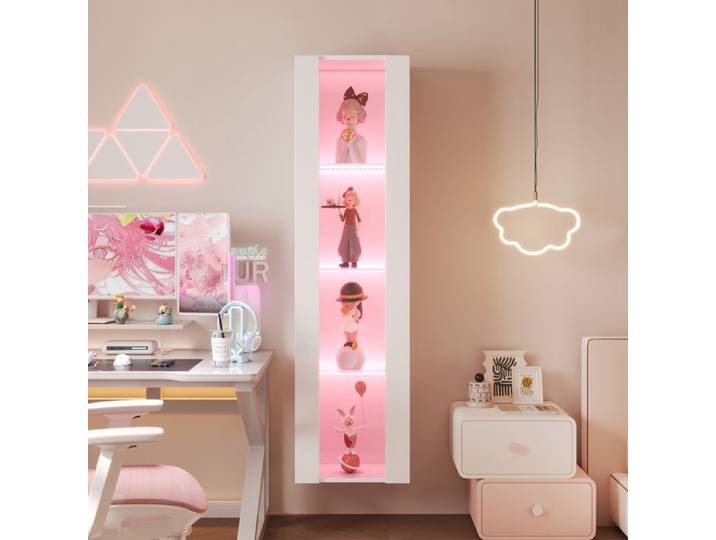 Vitrine LED - ZEMINPEOEL - 40x29x170 cm blanche 4 niveaux étagères en verre LED multicolore via appli
