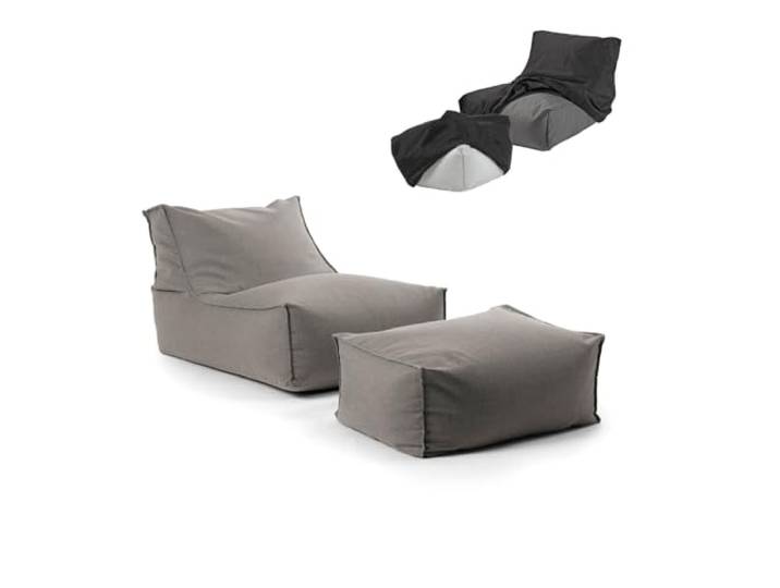 mokebo Outdoor Sitzsack und Pouf für Kinder & Erwachsene 'Der Sundowner', Bean Bag mit Füllung oder Bodenkissen für Indoor & Outdoor, auch als Liegekissen, Relaxliege mit Hocker in Steingrau