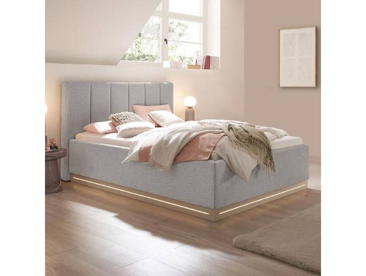 set one Polsterbett Franklin Kopfteil mit senkrechten Einzügen 140x200cm Hellgrau modern, Mit Beleuchtung