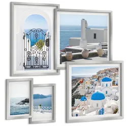 BILDER SET 5er Set - 50x50 cm & 20x30 cm & 40x60 cm Silberner Rahmen - Gebäude am Weißen Meer, Griechenland