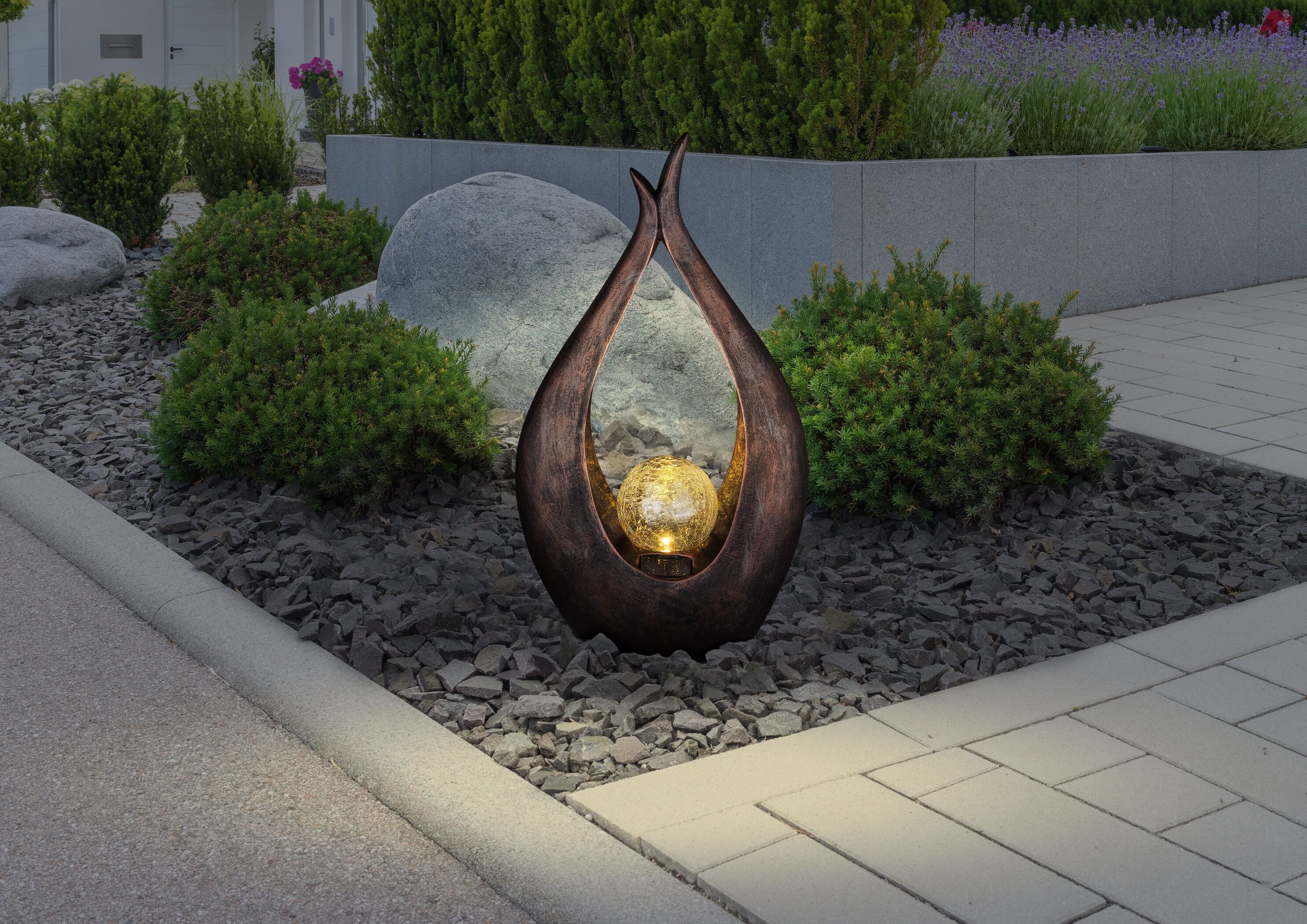 LED Solarleuchte GLOBO LIGHTING "SOLARLEUCHTE KUNSTSTOFF BRONZEFARBEN, 1XLED", braun (bronzefarben), B:13cm H:49,5cm, Leuchten, LED Solarleuchte, Crackle-Glas sorgt für lebendige, dekorative Lichtreflexe