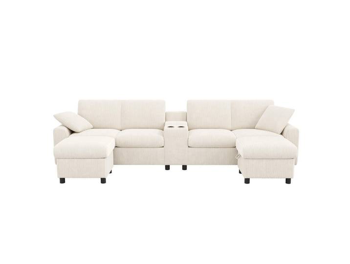 Oxeza Ecksofa 315/135/81 cm Beige mit 2 Fußhocker mit Stauraum und 1 Couchtisch, Mode, Rechteckig, 315x135 cm, Wohnzimmer, Sofas & Couches, Wohnlandschaften, Ecksofas