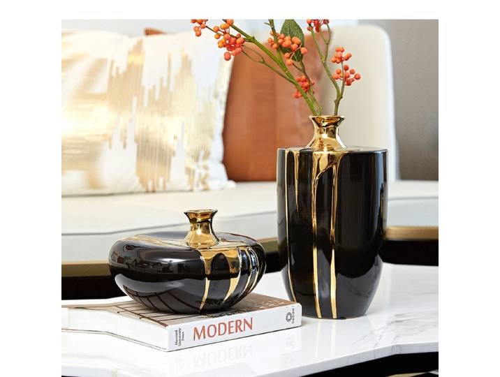 Vase en céramique de luxe moderne, Arrangement de fleurs, décoration séchée, noir et or, salon, maison