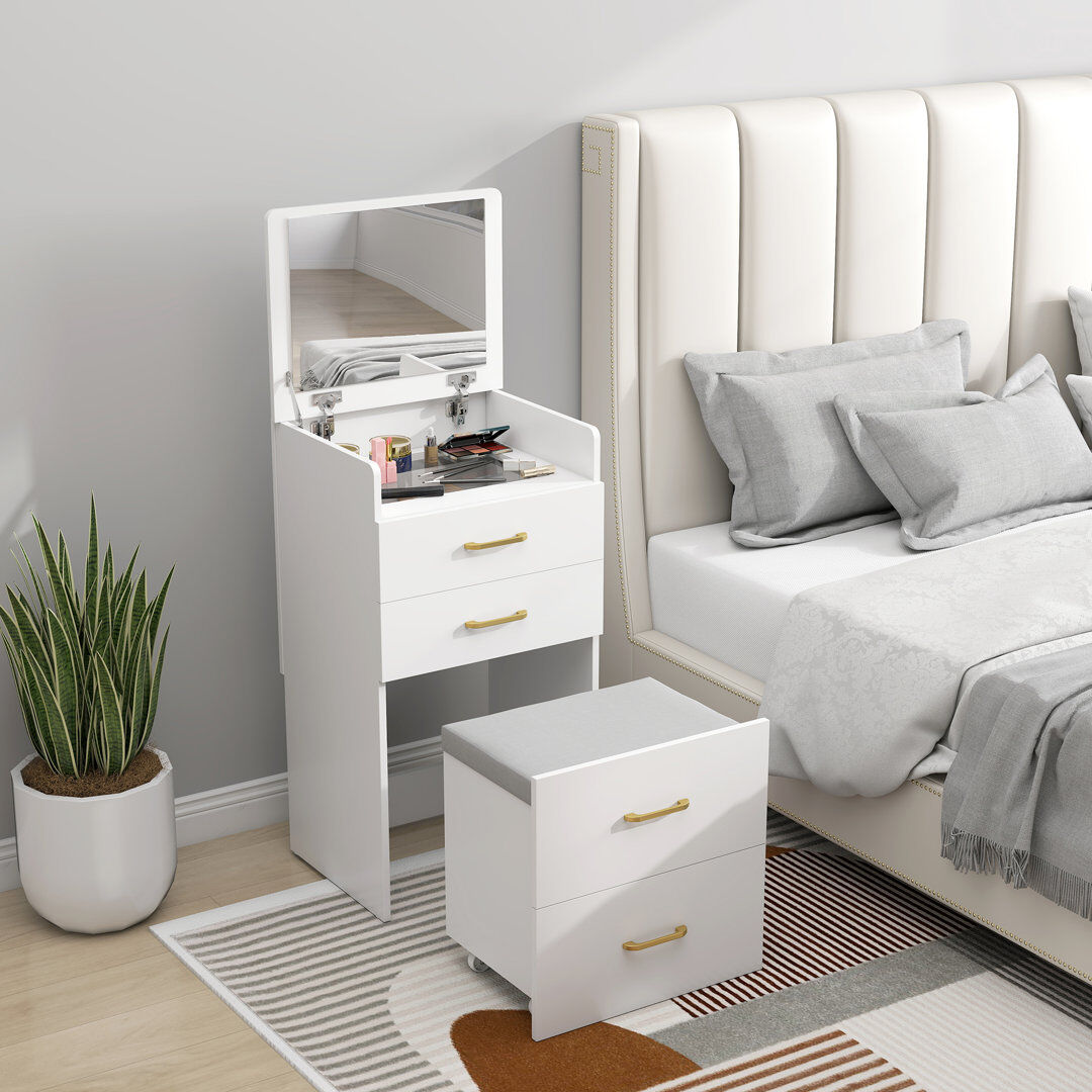 17 Stories HOMCOM Two Piece Dressing Table with Flip Top Mirror, Rolling Stool White White 90cm H X 48cm W X 40cm D