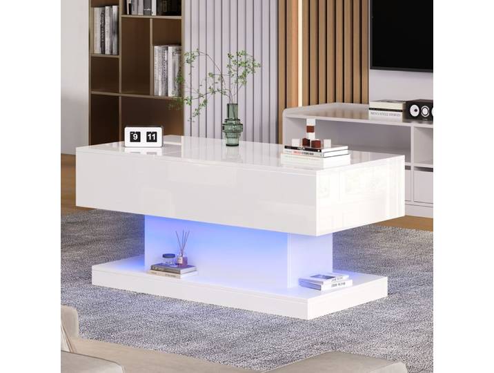 Table basse blanche brillante avec LED plateau relevable et rangement