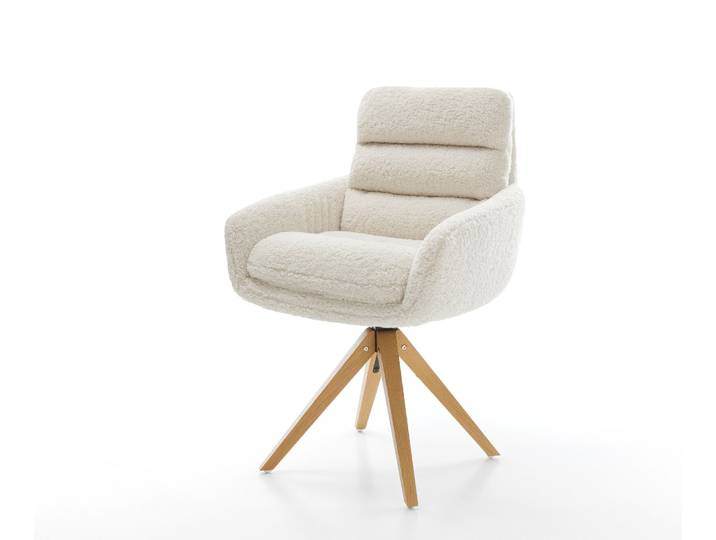 Drehstuhl Abelia-Flex mit Armlehnen Teddystoff Beige Holzgestell kantig Natur 360° drehbar, Esszimmerstühle