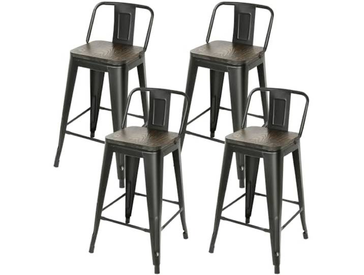 Supfine Industrie-Barhocker, 4 Stück, hohe Industriequalität, 63,5 cm, Metall und Holz, stapelbar, für den Außenbereich, bis 150 kg (Höhe 63,5 cm, schwarz)