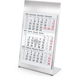 Geiger Tischkalender Desktop Edelstahl, Aufstellkalender, 3 Monate = 1 Seite, 10,5 x 23 cm, Jahr 2027