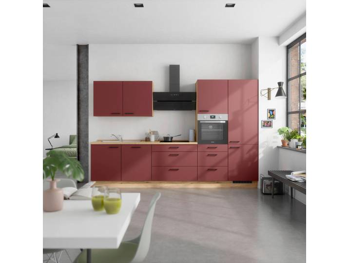 Küchenleerblock, Rot & Eiche, 330 cm, Metall, Soft-Close-System, Nobilia