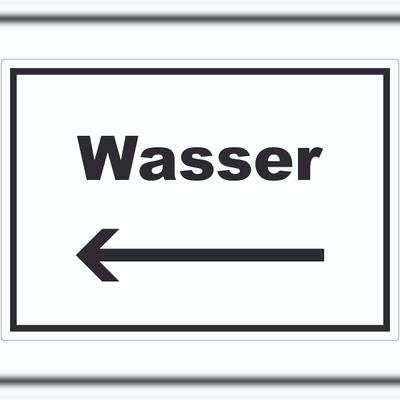 HB-Druck Wasser Aufkleber mit Text und Richtungspfeil links Anschluss waagerecht A8 (52x74mm)