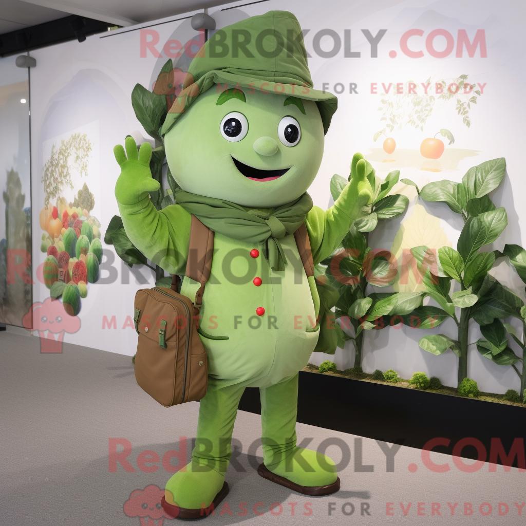 Maskottchenfigur REDBROKOLY einer Olive Beanstalk bekleidet mit Overall und Aktentasche