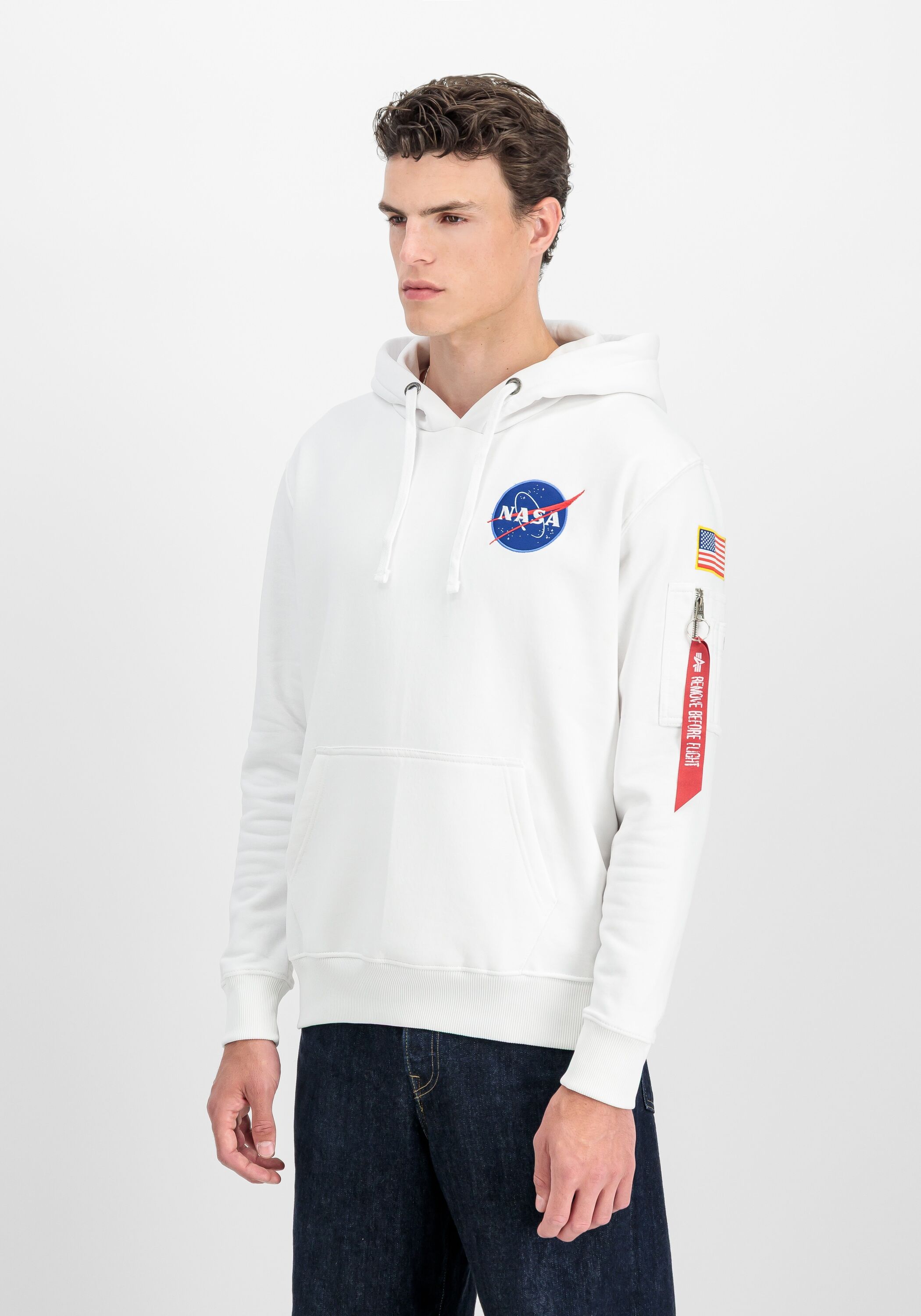 Hoodie ALPHA INDUSTRIES "Space Shuttle Hoodie", Herren, Gr. L, weiss (weiß), Obermaterial: 80% Baumwolle, 20% Polyester, regular fit, Sweatshirts Hoodie weiß L