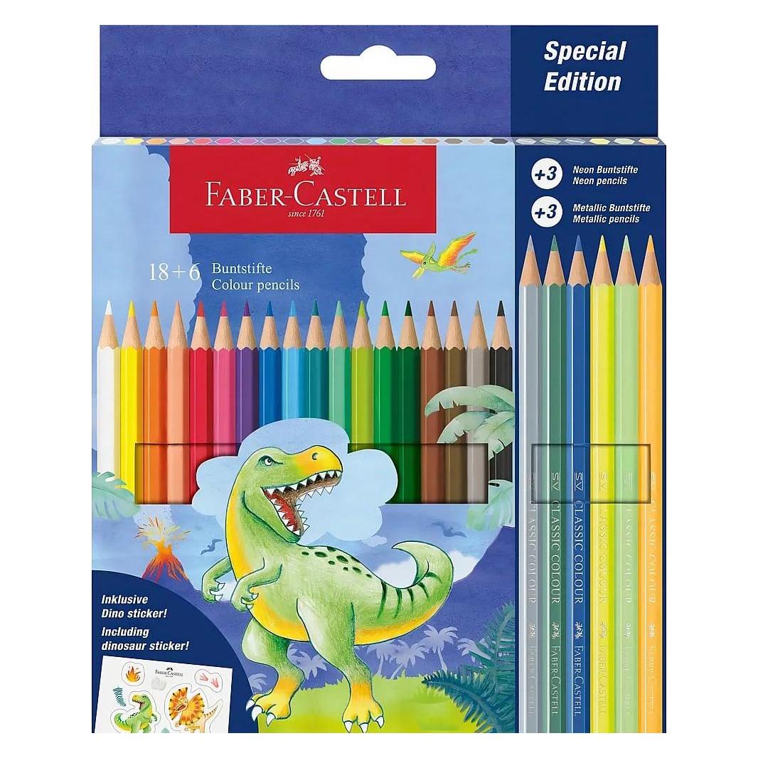 Faber-Castell Dinosaurier sechseckige Buntstifte + Aufkleber (24x) (111222)