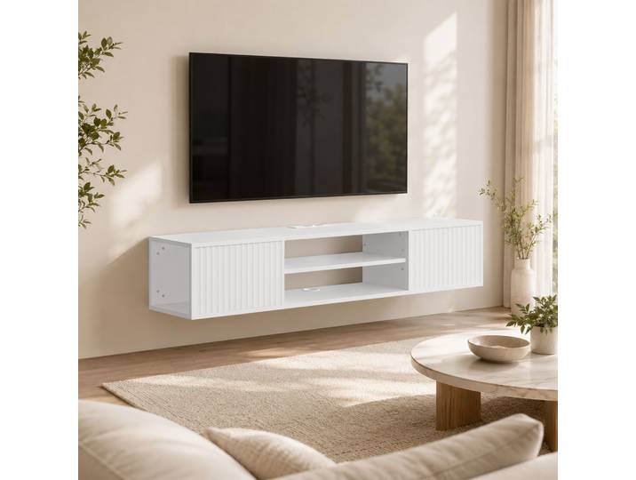 HOMCOM Meuble TV Suspendu Blanc LED RGB Étagère Réglable 165cm