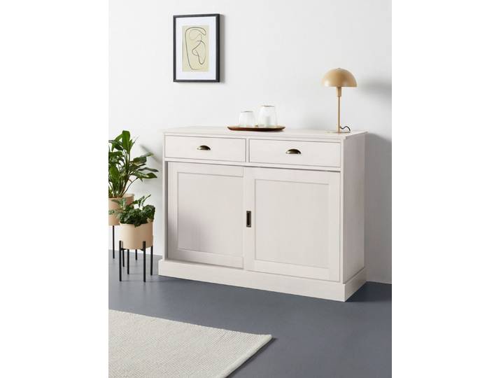 loft24 Sideboard Meghan - Anrichte Schrank Küchenschrank Mehrzweckschrank, 2 Schubladen, 2 Schiebetüren, Kiefer, Landhausstil