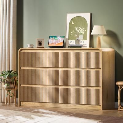 Loedds 47-Inch 6-Drawer Modern Fluted Dresser and Storage Organizer, Beige and Natural