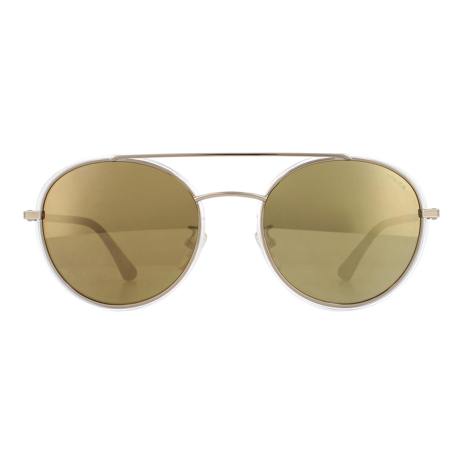 Police Round Mens Light Gold Crystal Grey Brown Gold Mirror Sonnenbrillen