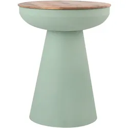 Design Beistelltisch mit Rundablage und Stauraum aus grünem Metall und massivem Mangoholz H52 cm TAM