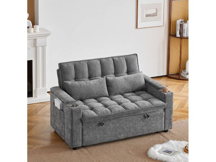 MEULVA Canapé-lit convertible 3 en 1 142 cm gris en chenille rangements et 2 porte-gobelets