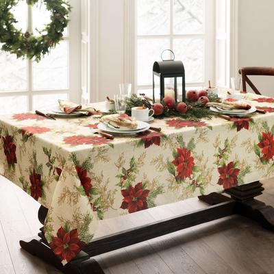 Threadmade Festive Poinsettia Holiday Fabric Tablecloth