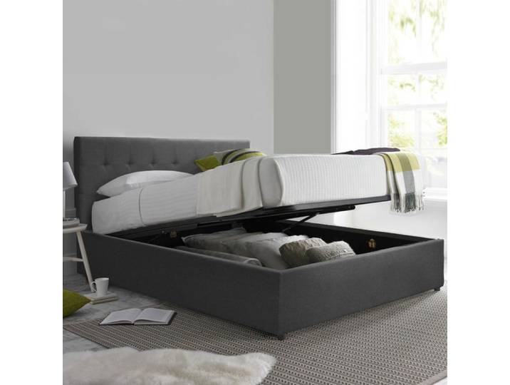 Lit Coffre Penthouse 140 x 190 by Sampur Tissu Gris foncé Design et Moderne - Sommier à Lattes en Bois + Tête de Lit inclus