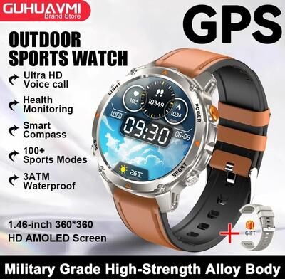 Uplift Essentials GPS Map Navigation Smart Watch AMOLED Screen, 3ATM Waterproof & Compass Pro Mens & Womens NFC BT Call Watch brown Leather