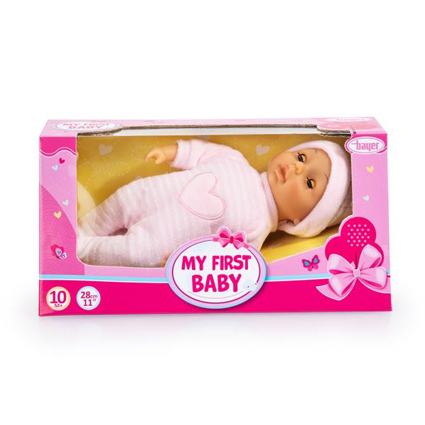 Bayer Design Mijn Eerste Baby pop met zacht lichaam en gesloten ogen, roze met hartjes, 28 cm