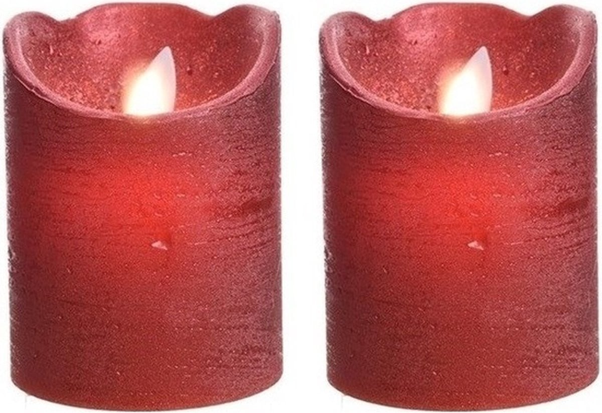 Set van 2 rode flakkerende LED stompkaarsen voor kerstdecoratie, Hoogte: 10 cm