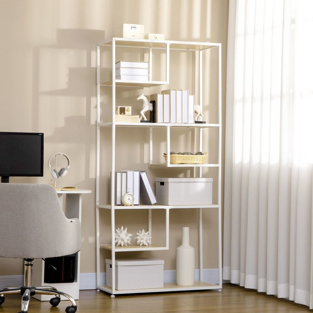 Homcom Bibliothèque 7 niveaux style industriel aspect bois clair acier blanc Beige 83x180x34cm