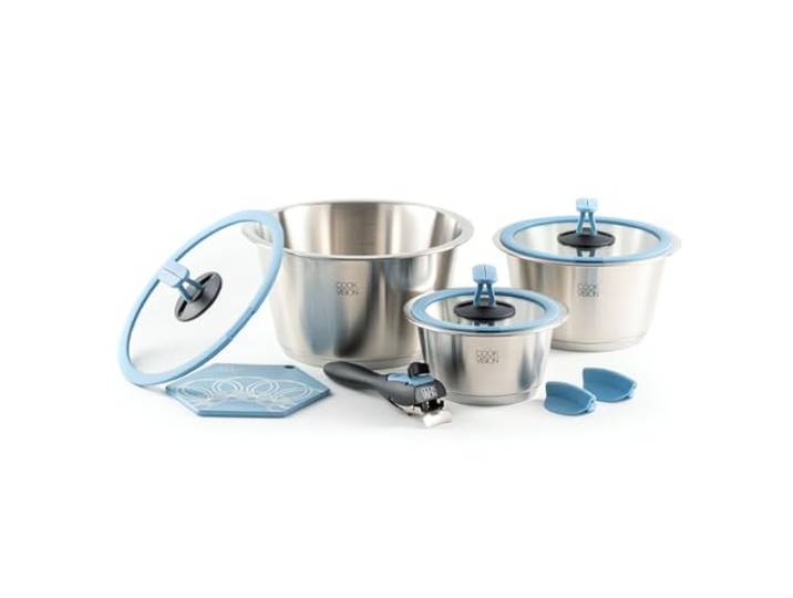 cookvision nesto stapelbares Topfset 10-tlg. Blau, 3 Edelstahltöpfe induktions-, backofen- und spülmaschinengeeignet, Set mit 3 Glasdeckeln, abnehmbarer Griff, für Paare, Camping, Reisen