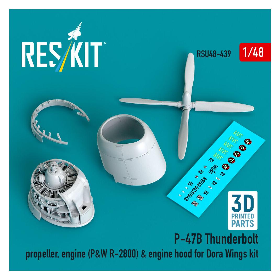 ResKit P-47B Thunderbolt propeller, engine (P&W R-2800) & engine hood (3D Printed) for Dora Wings (RSU48-0439)