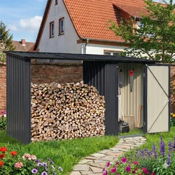 Albatros Profi Gerätehaus M –Geräteschuppen mit Holzunterstand für 2,3m3 Holz, verzinktes Metall in Anthrazit (RAL 7016)   266x127x161cm   wetterfest