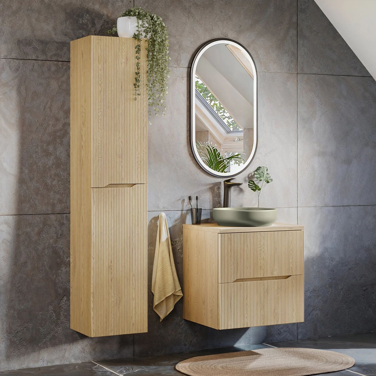 garneroarredamenti Mobile bagno sospeso cannettato 60cm con colonna rovere Pretty