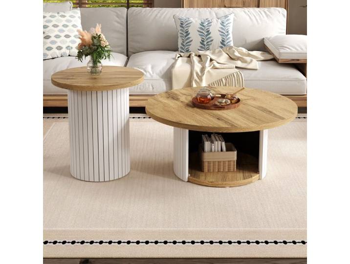 Table Basse Ronde Double Style Scandinave Bois Naturel avec Rangement MDF